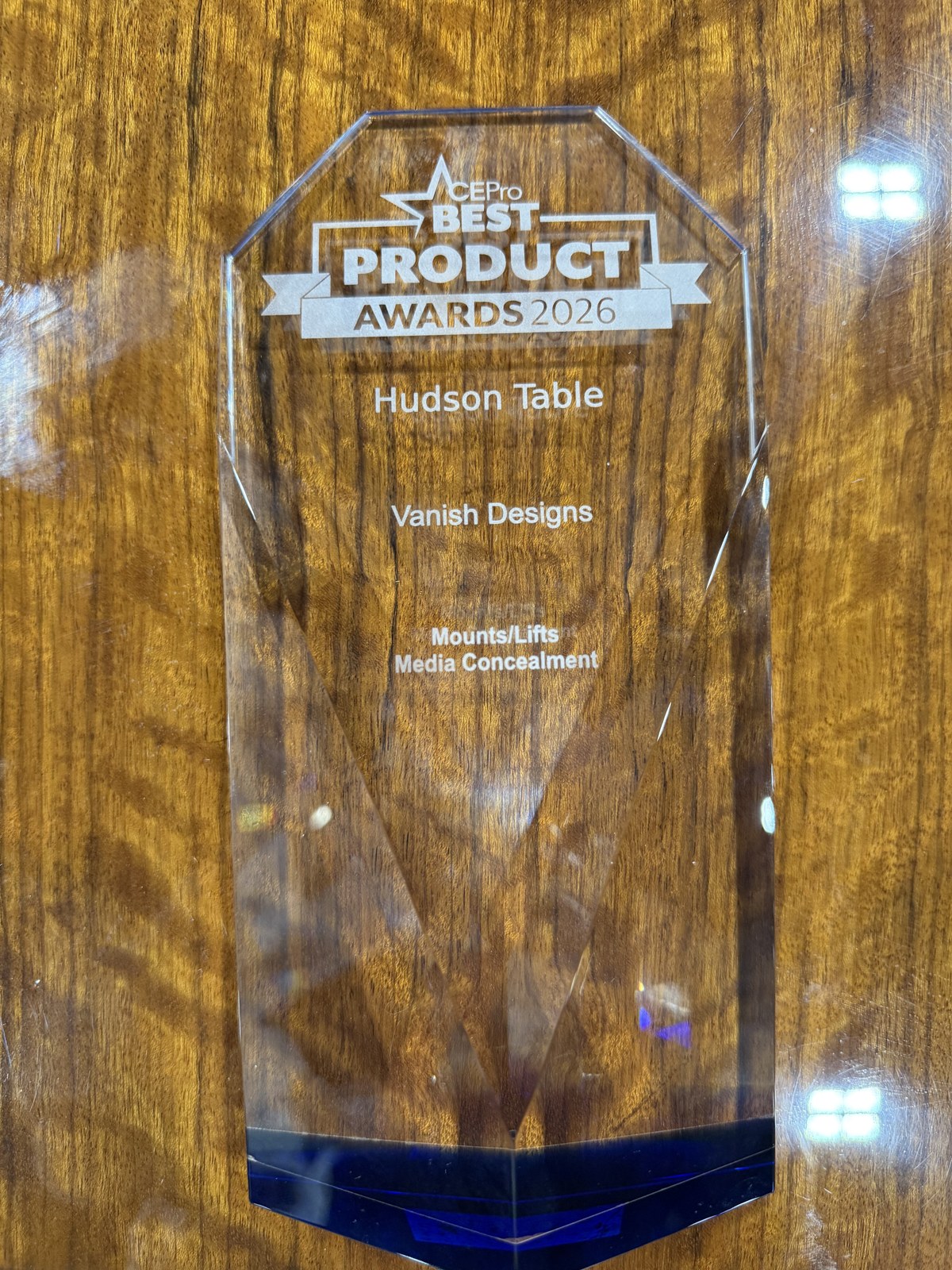 CE Pro 2026 BEST Product Award for the Vanish Designs Hudson Table, Mounts/Lifts/Media Concealment