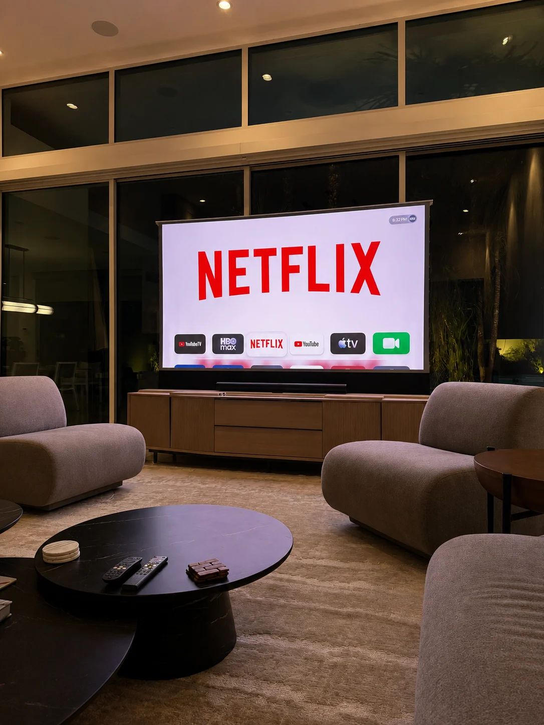 Crosby Credenza displaying Netflix on its raised screen