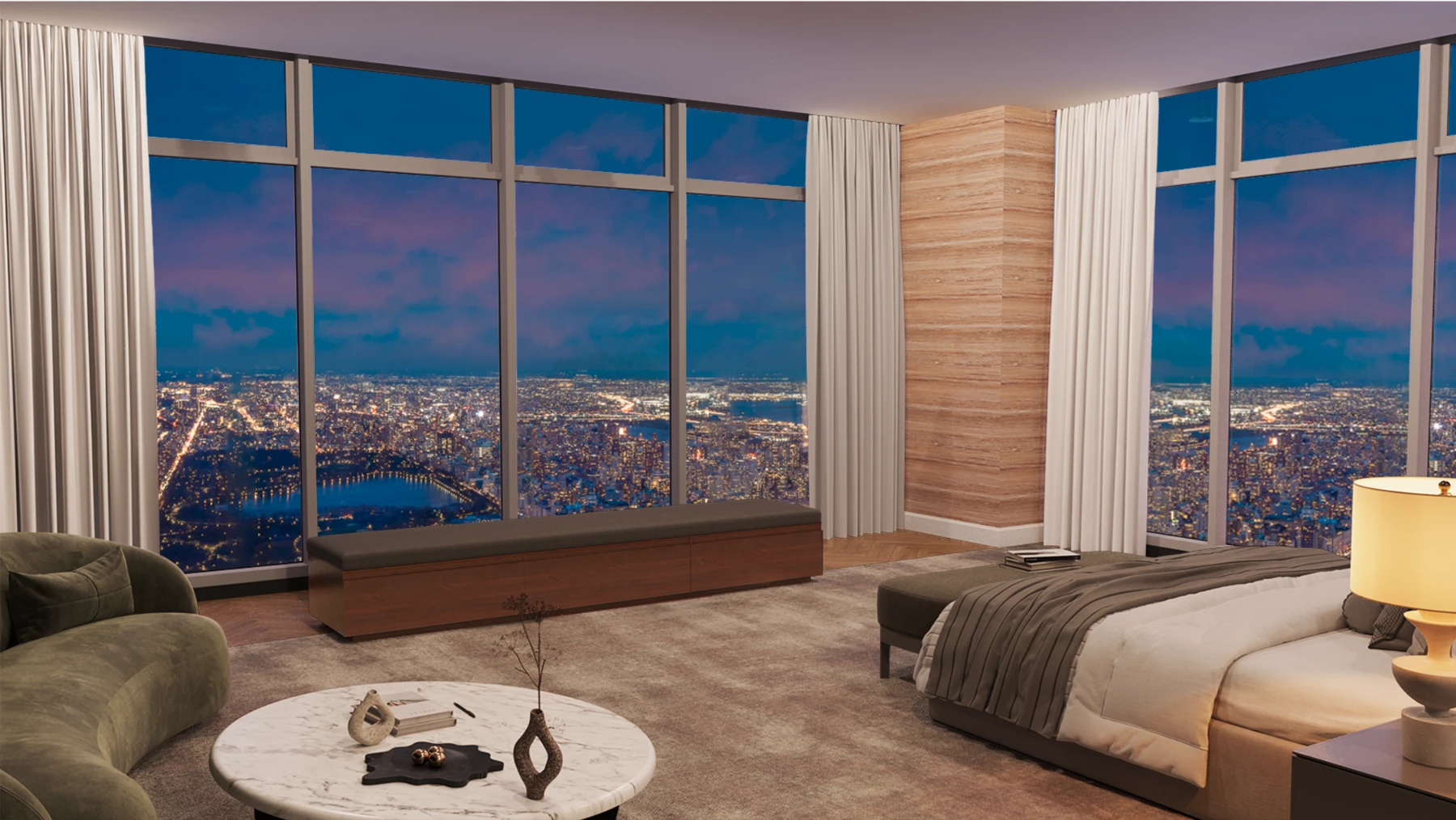 The same bedroom with the screen concealed inside the furniture